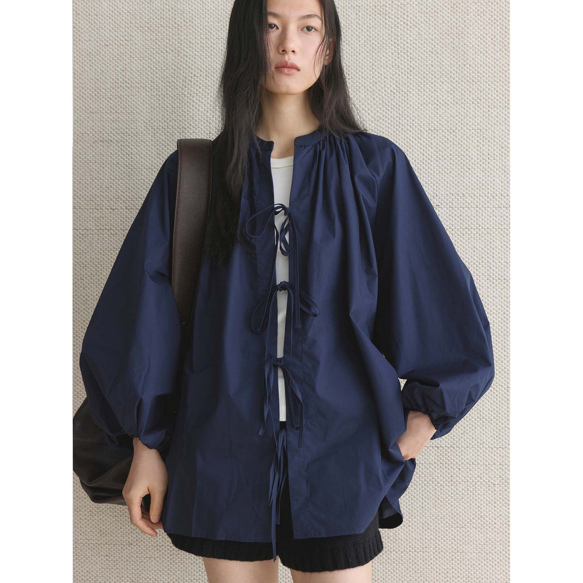 Women's Wide Cape Blouse Top with Ties and Gatherings EVA-US