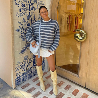 Women Striped Mohair Mix Oversize Sweater with Balloon Sleeves EVA-US