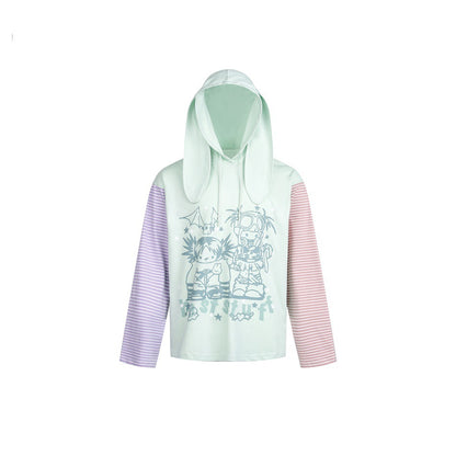 Women's hoodie with hood and bunny ears, striped sleeves and manga print EVA-US