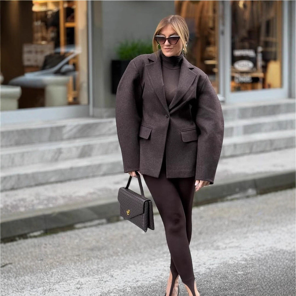 Ladies Oversize Structured Blazer with Emphasized Shoulder and Voluminous Sleeves EVA-US