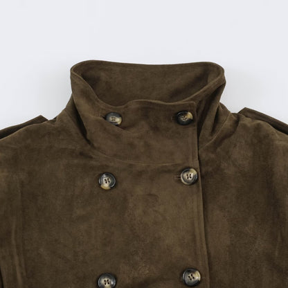 Women's Short-Cut Double-Breasted Suede-Look Bomber with Stand-Up Collar and Shoulder Patches EVA-US