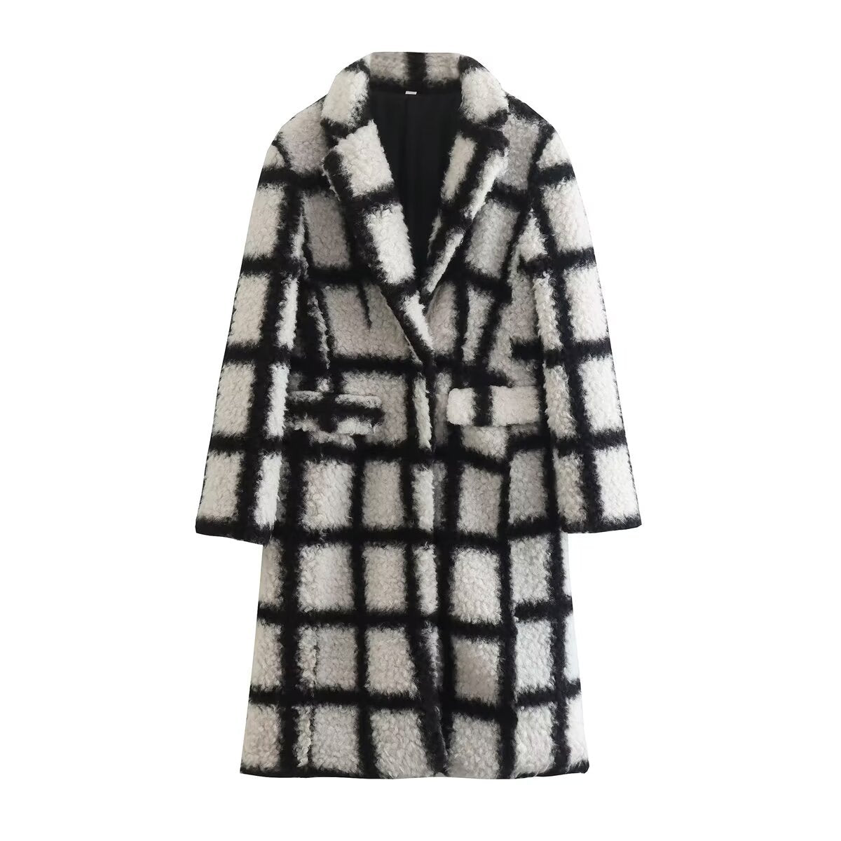 Women's Tailored Teddy Coat with Check Pattern and Lapel Collar EVA-US