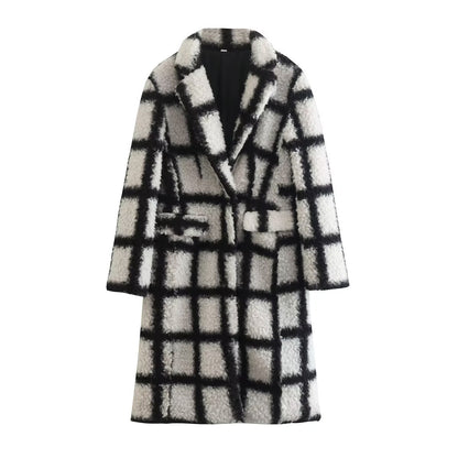 Women's Tailored Teddy Coat with Check Pattern and Lapel Collar EVA-US