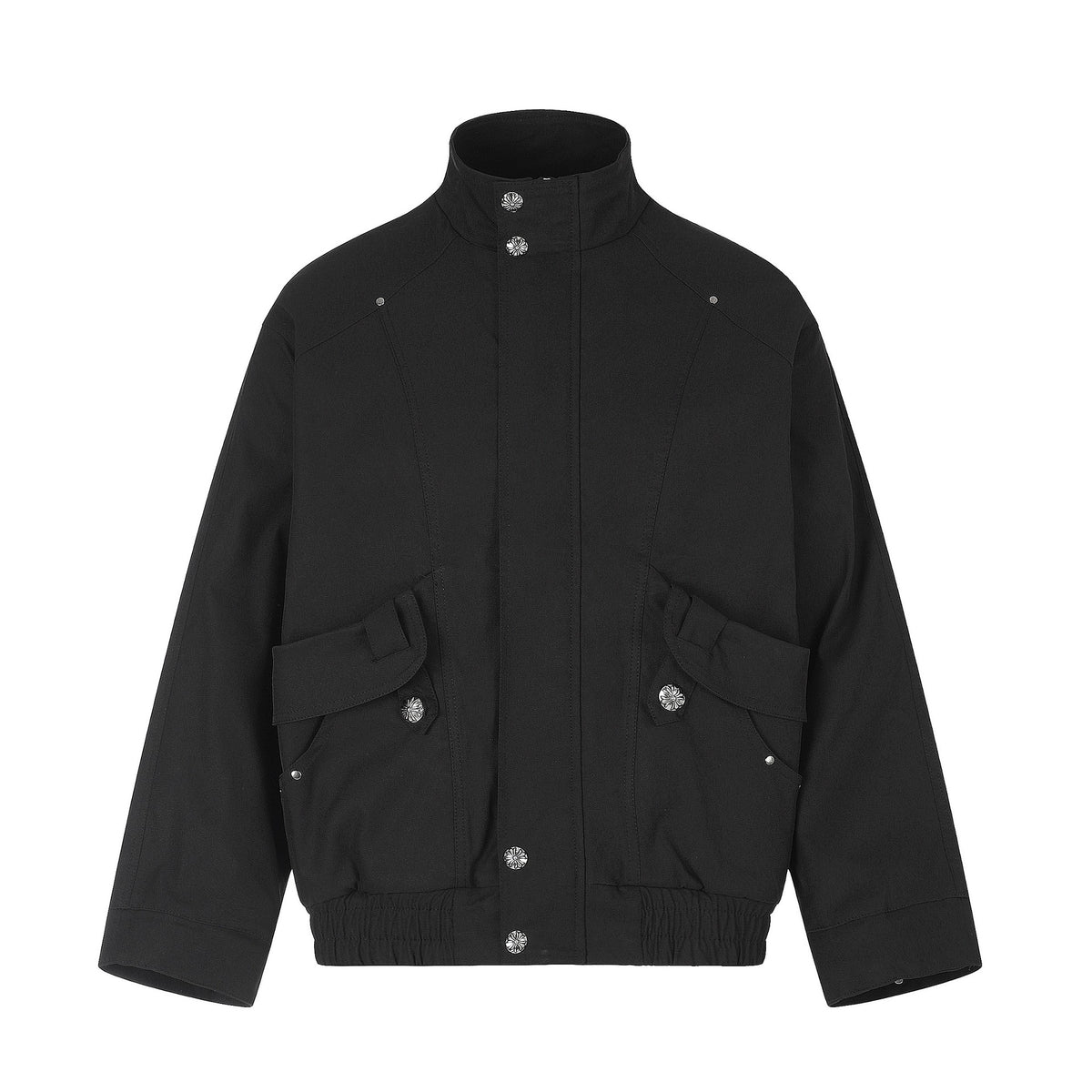 Women's Short Boxy Bomber with High Funnel Neck, Utility Patch Pockets and Elastic Hem Drop