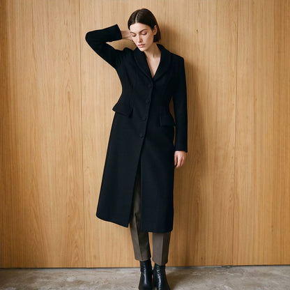 Women's Tailored Long Coat with Shawl Collar and Figure-Shaping Darts EVA-US