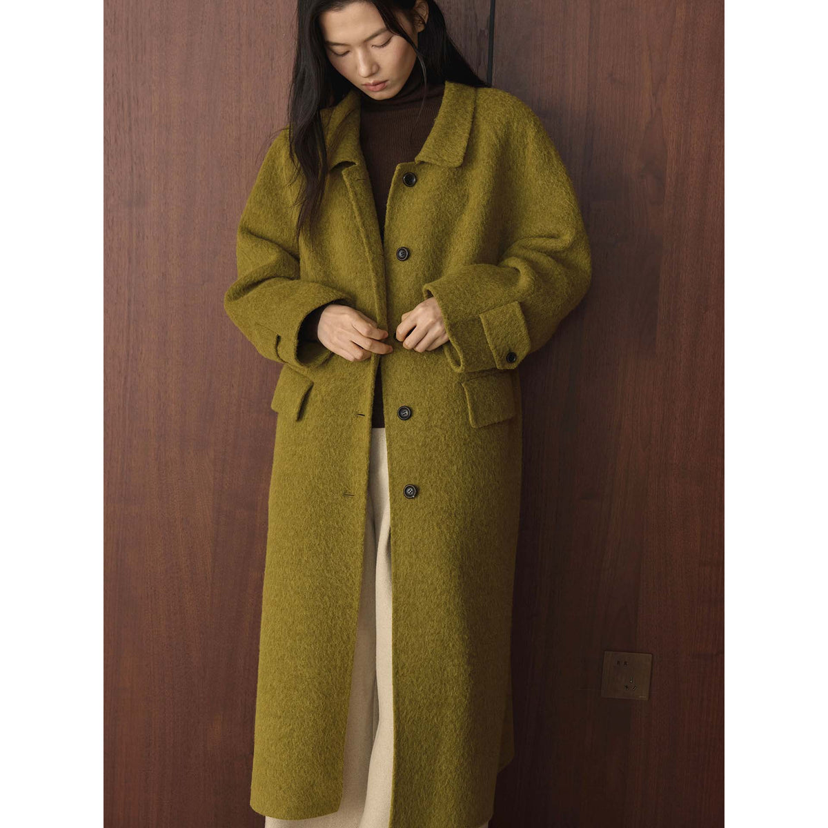 Women's Wide Cut Wool Blend Coat with Boucle Texture and Patch Pockets EVA-US
