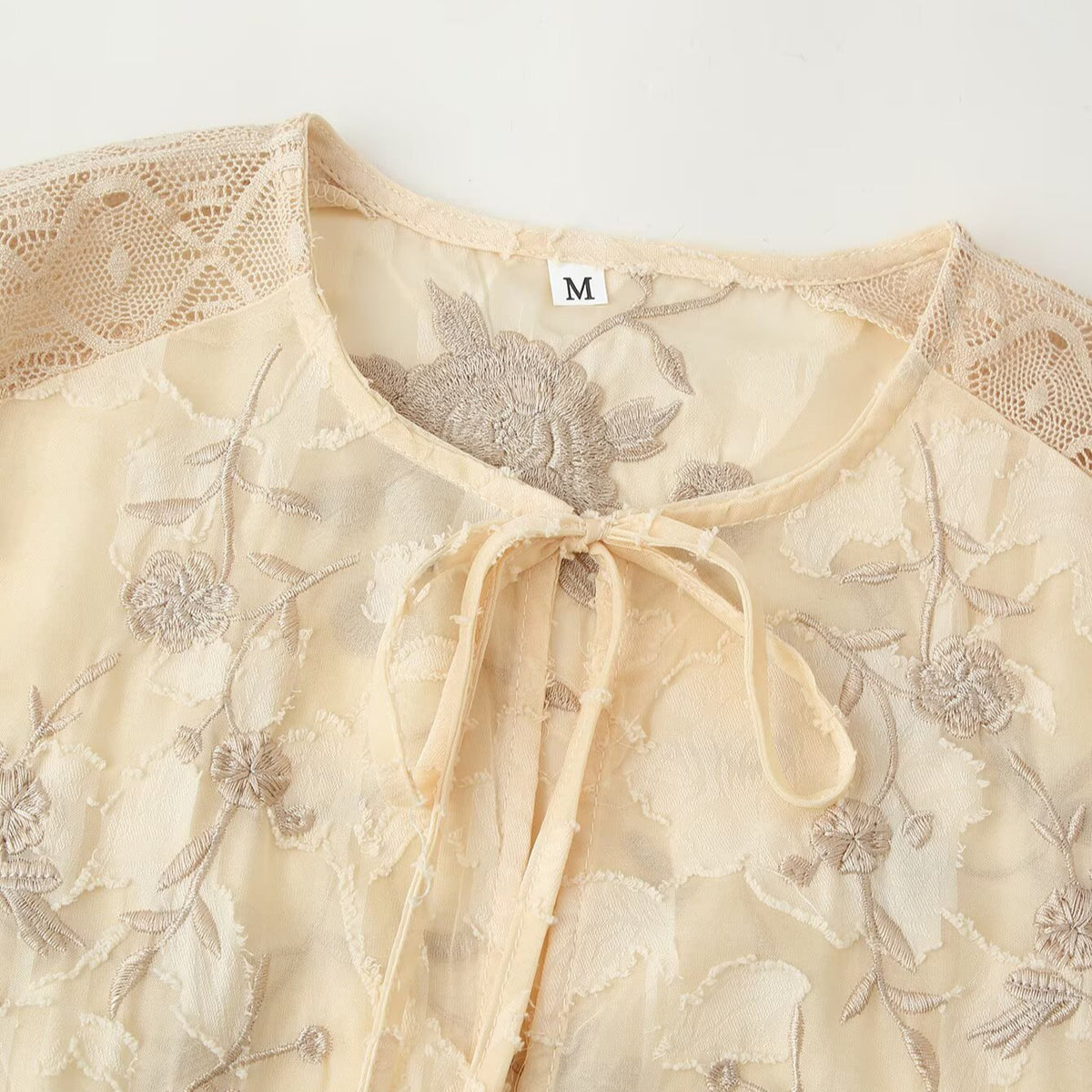 Women's Transparent Knitted Lace Blouse with Tie Bow, Crochet Edge and Fringe Hem EVA-US