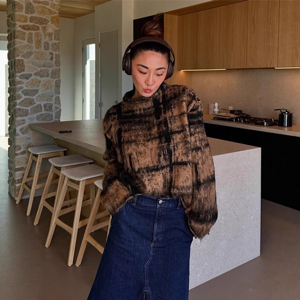 Women's Fluffy Sweater in Vintage Check with High Collar and Frayed Hem EVA-US