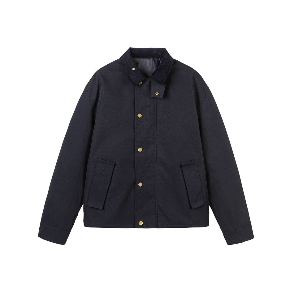 Men's Short-Cut Canvas Field Jacket with Cord Collar and Concealed Snap Placket EVA-US