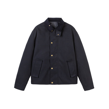 Men's Short-Cut Canvas Field Jacket with Cord Collar and Concealed Snap Placket EVA-US