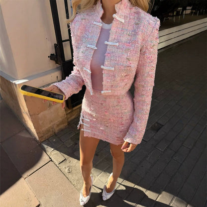 Ladies Tweed Two-Piece Short Jacket and Mini Skirt in Boucle Style EVA-US