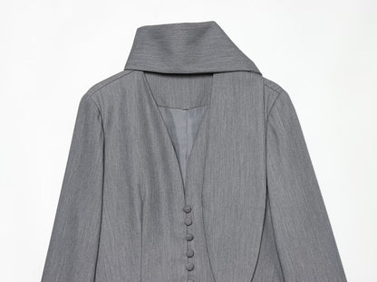 Women's Elegant Longline Blazer with High Funnel Collar and Overlapping Fabric Buttons EVA-US