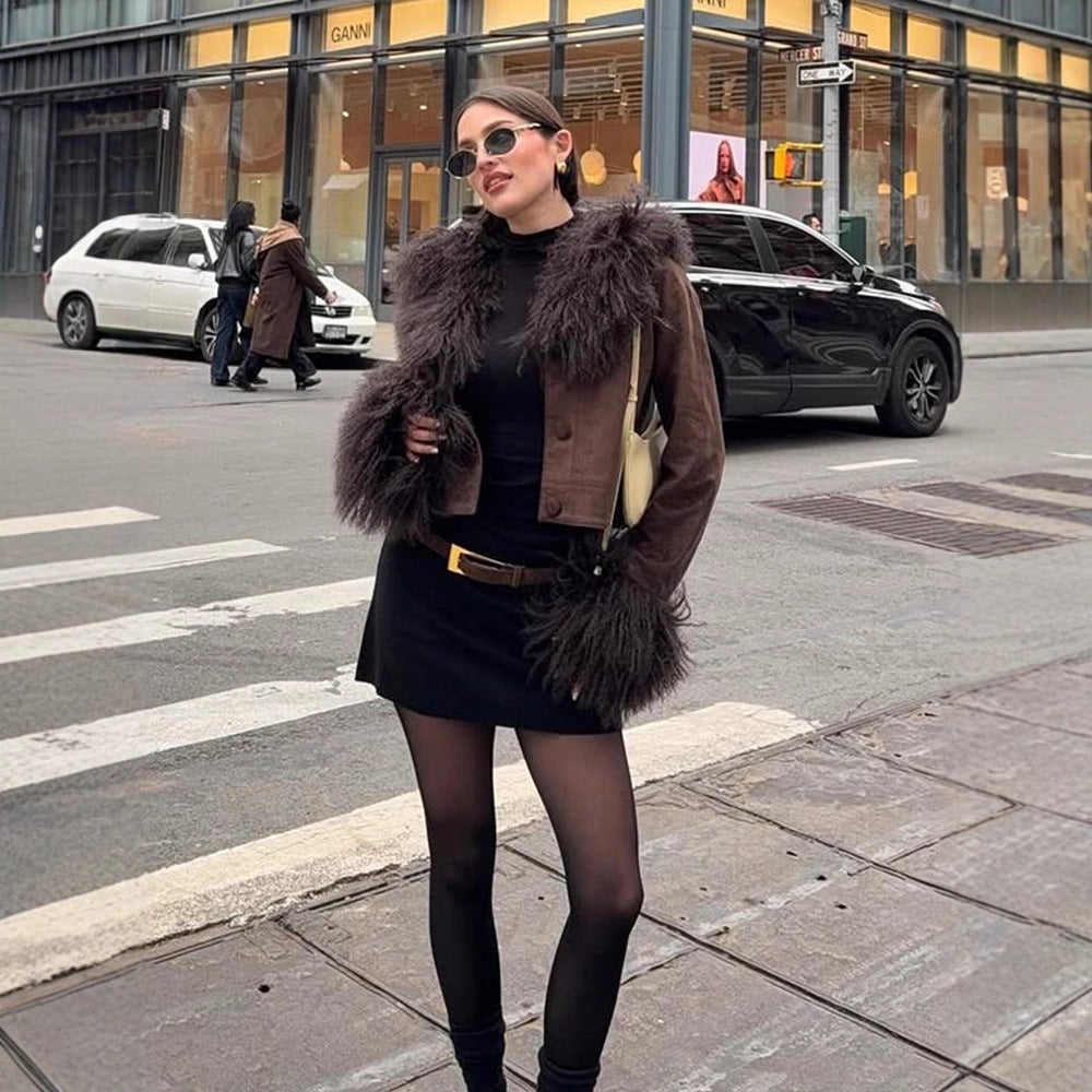 Women's Short Suede Jacket with Voluminous Tibetan Shearling Collar and Fur Cuffs EVA-US