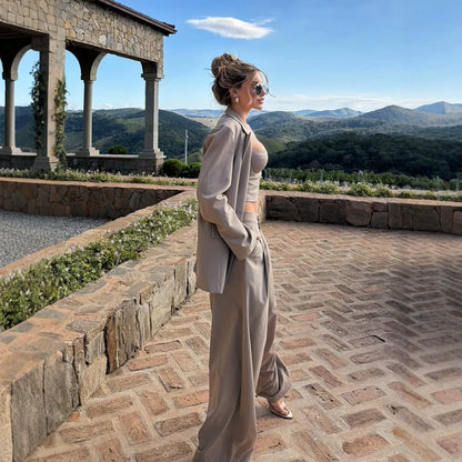 Women's Three-Piece Tailoring Set with Corset Top, Oversized Blazer, and Pleated Wide-Leg Pants EVA-US