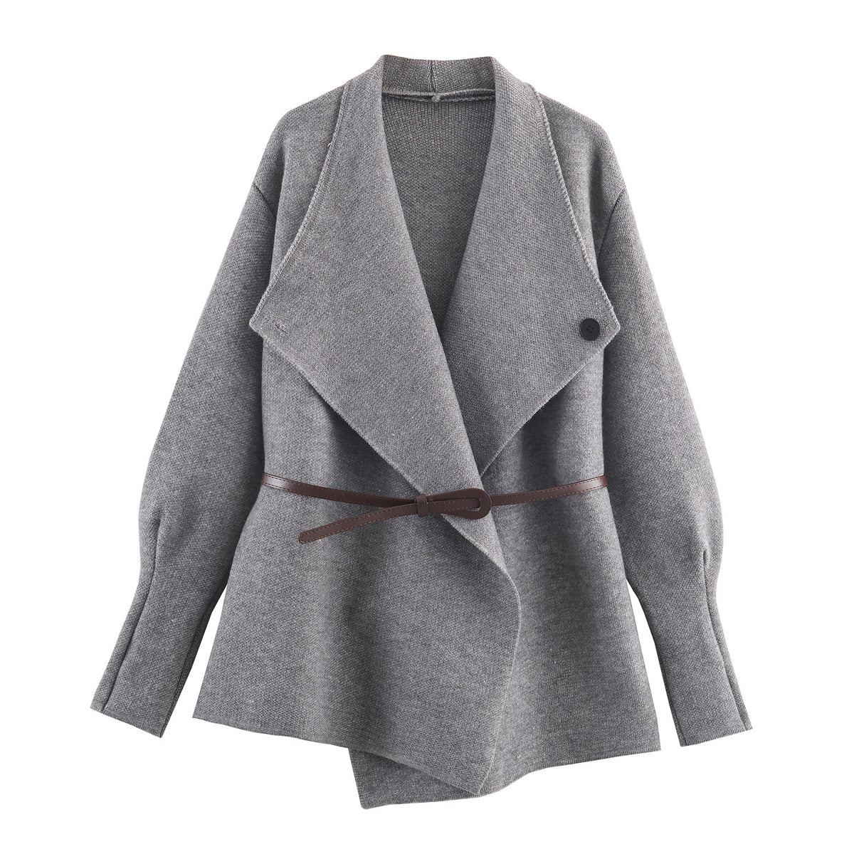 Women's Short Cut Wool Blend Cardigan Coat with Wide Shawl Collar and Narrow Tie Belt EVA-US