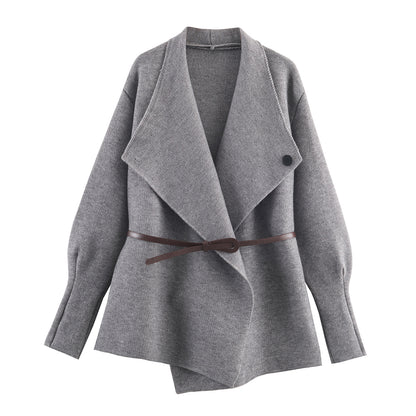 Women's Short Cut Wool Blend Cardigan Coat with Wide Shawl Collar and Narrow Tie Belt EVA-US