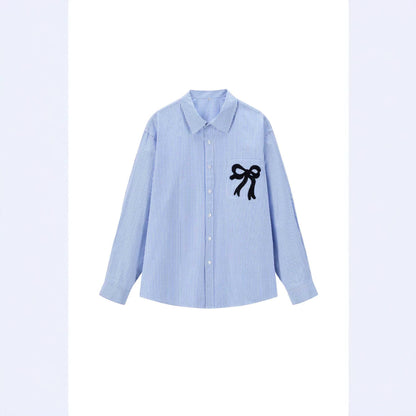 Women's oversized shirt blouse with fine pinstripe and embroidered bow chest pocket EVA-US