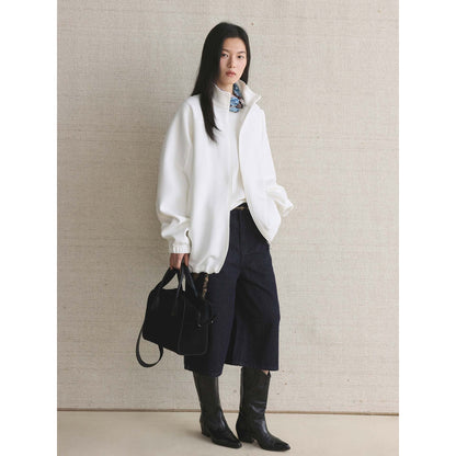 Women Oversize Zip Sweat Jacket with Stand Collar and Balloon Sleeves EVA-US