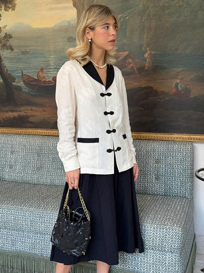 Women's Tailored Jacquard Jacket with Contrast Collar and Knot Closures EVA-US