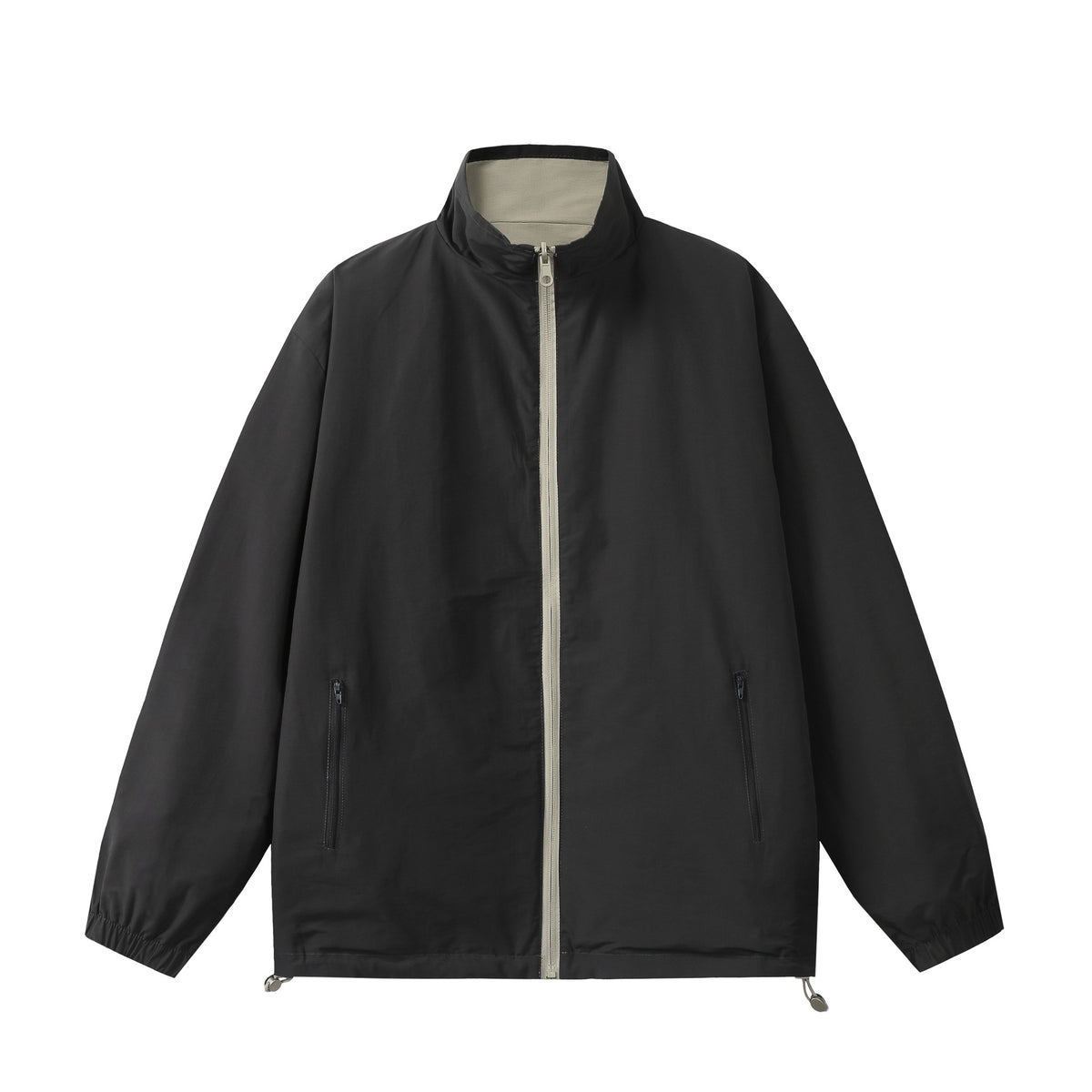 Unisex Lightweight Boxy Windbreaker with High Stand Collar and Drawstring EVA-US