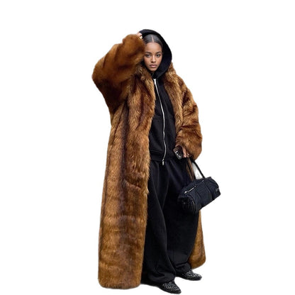Women's Oversize Faux Fur Coat with Hood and Luxurious Fur Look EVA-US