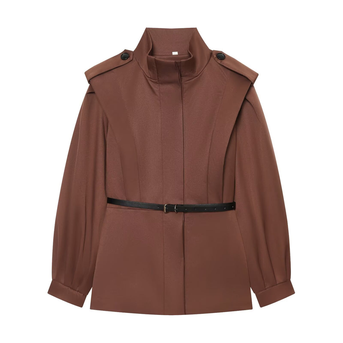 Women Short Cape Trench with High Funnel Collar and Waist Belt EVA-US