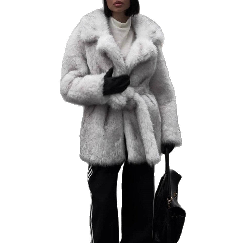 Ladies Voluminous Short Coat made of Faux Fur with Belted Waist and Oversized Shawl Collar EVA-US