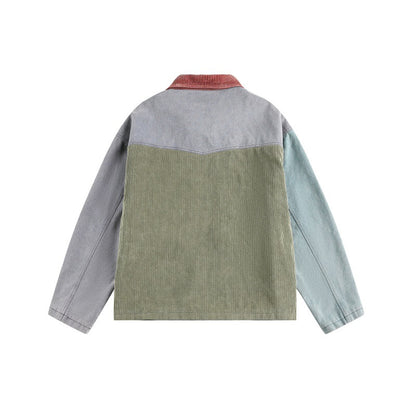 Unisex Boxy‑Patchwork‑Cord Jacket with Contrasting Collar and Multifunction Pockets EVA-US