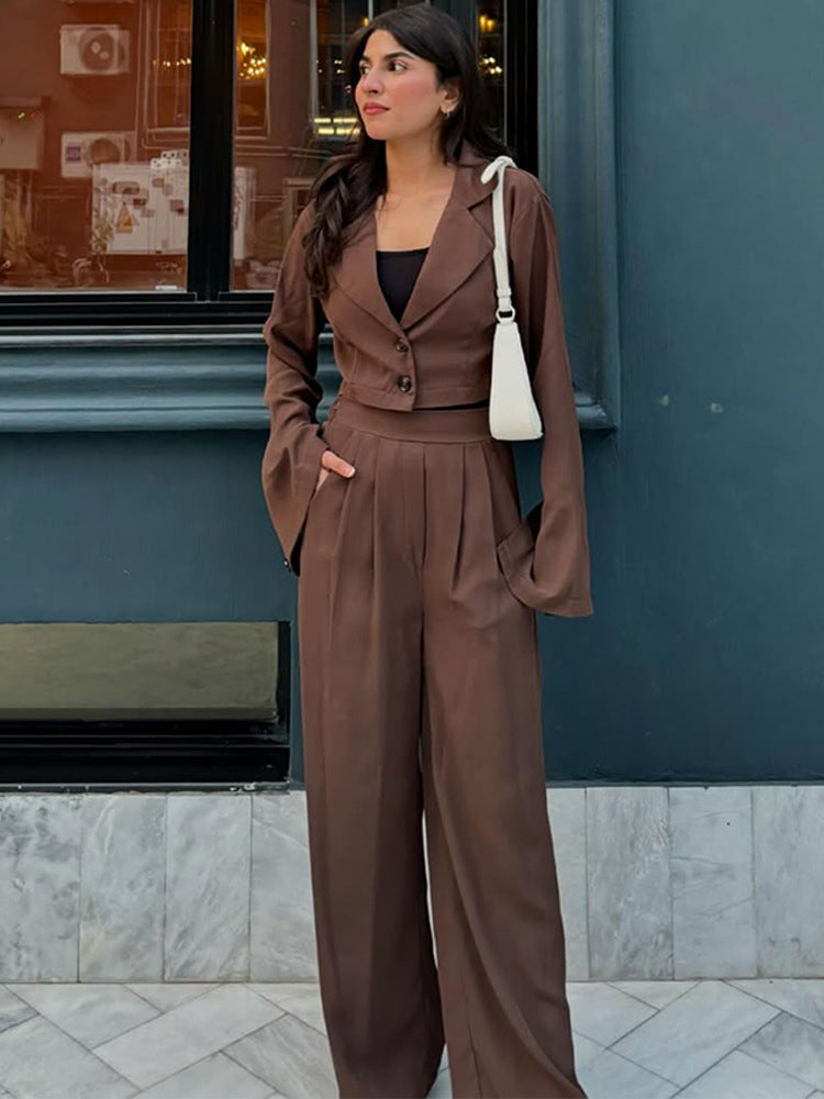 Ladies Two-Piece Tailoring Set Short Blazer with Bell Sleeves and High-Waist Palazzo Pants EVA-US