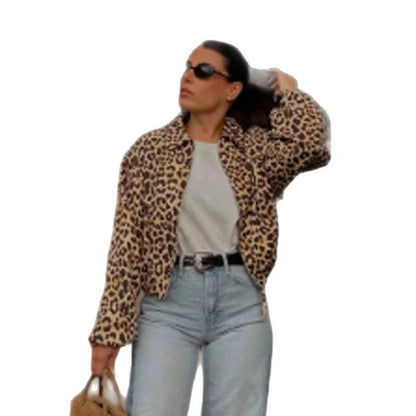 Ladies padded oversized bomber jacket with leopard print and stand-up collar EVA-US