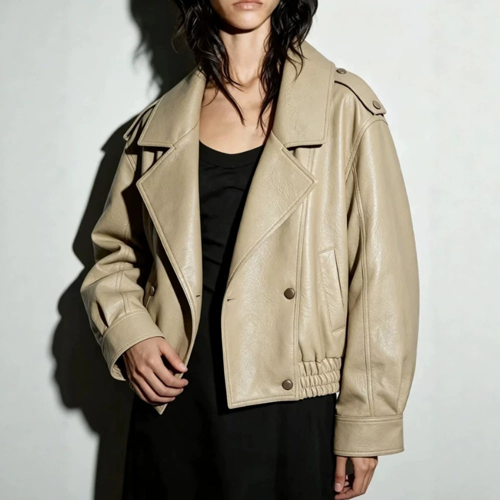 Women's Oversized Faux Leather Blouson with Double-Breasted Button Placket, Wide Lapels and Elastic Hem