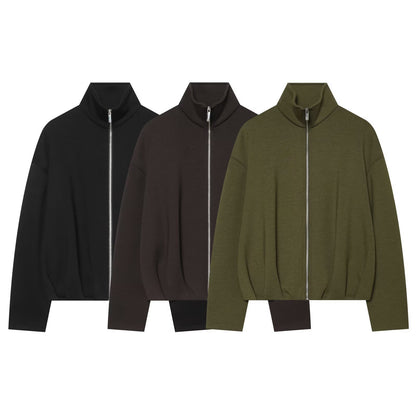 Women's Cropped Sweat Jacket with High Funnel Collar, Full Zip and Fitted Hem EVA-US