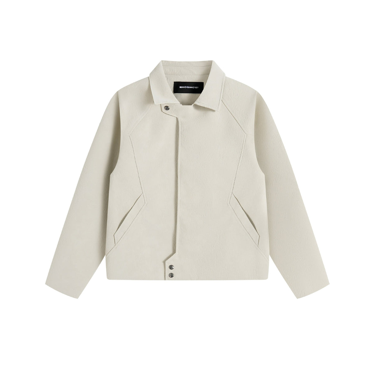 Men's short jacket in suede look with asymmetric front flap and geometric flap pockets.