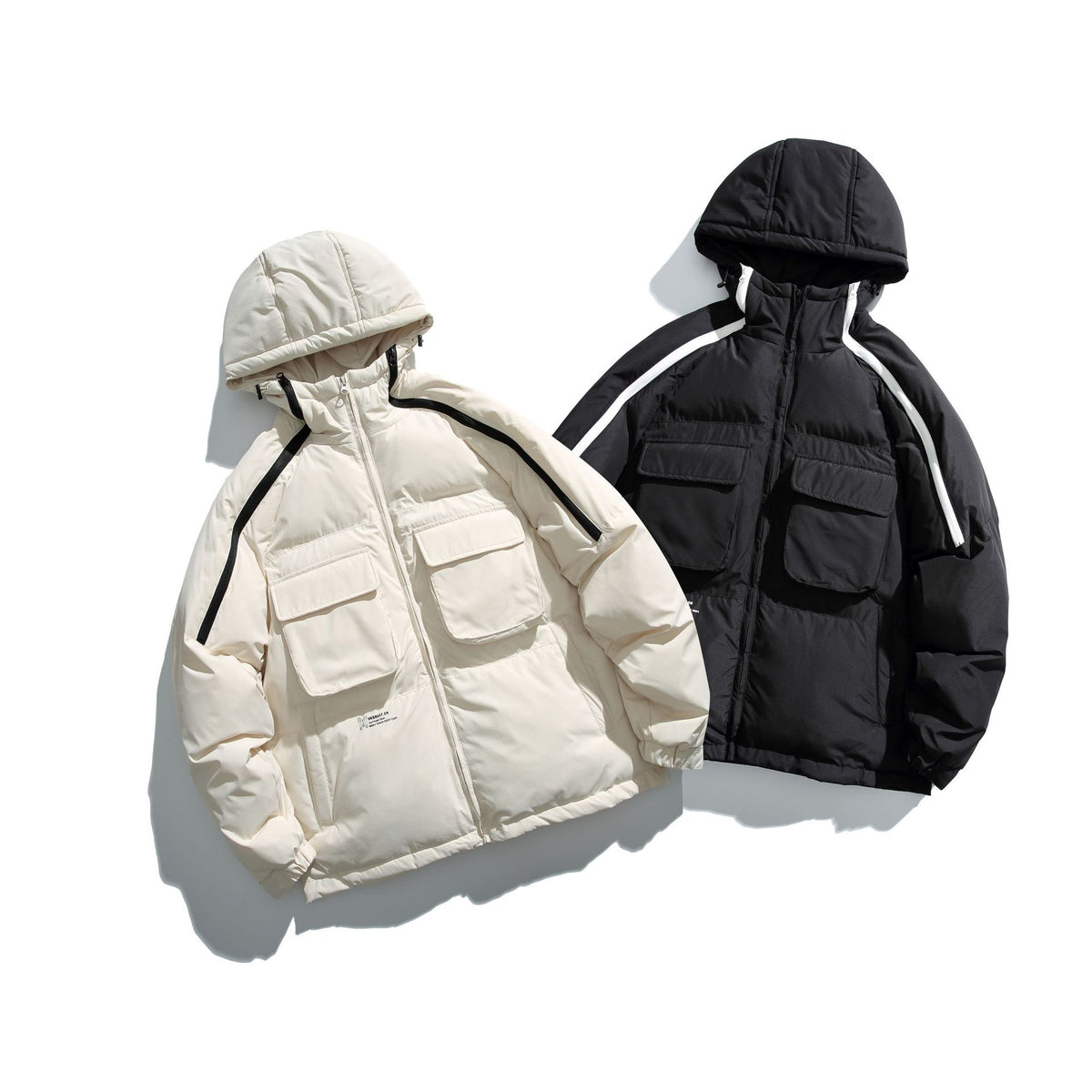 Unisex Short Cut Boxy Puffer with Hood, Contrast Stripes and Large Flap Pockets EVA-US