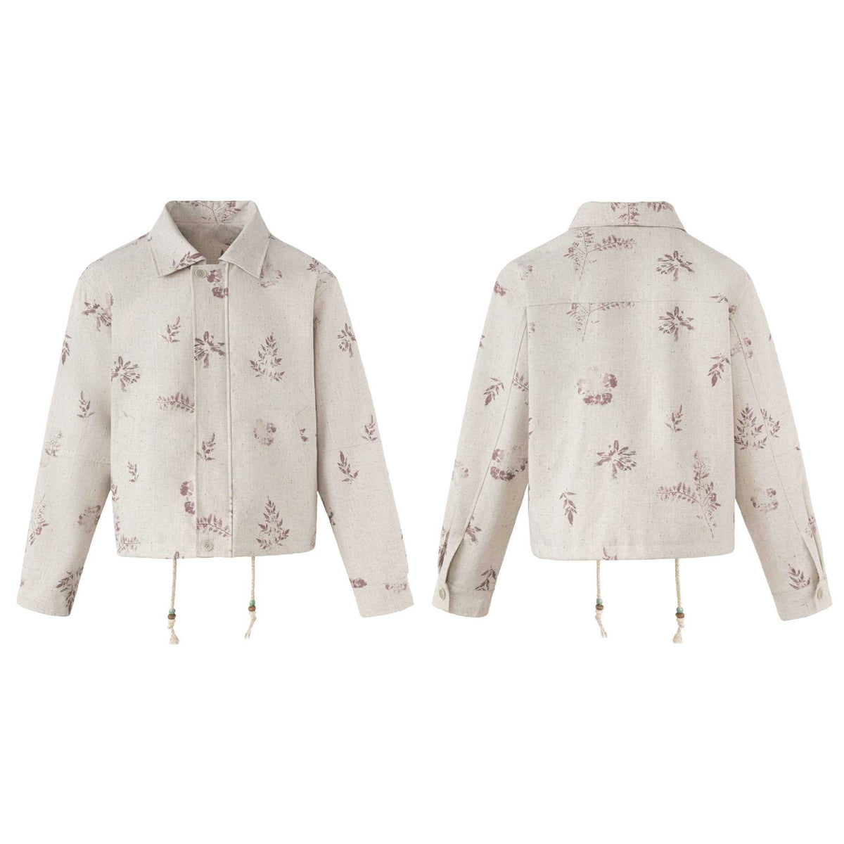 Women's Short Floral Linen Blouson with Drawstring, Concealed Button Placket and Shirt Collar EVA-US