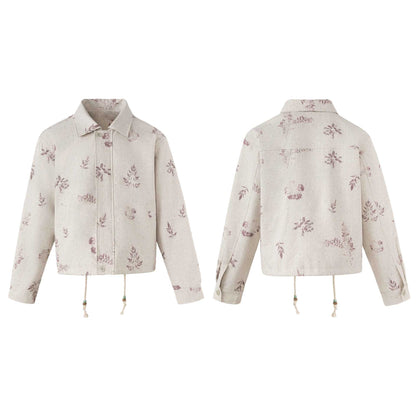 Women's Short Floral Linen Blouson with Drawstring, Concealed Button Placket and Shirt Collar EVA-US
