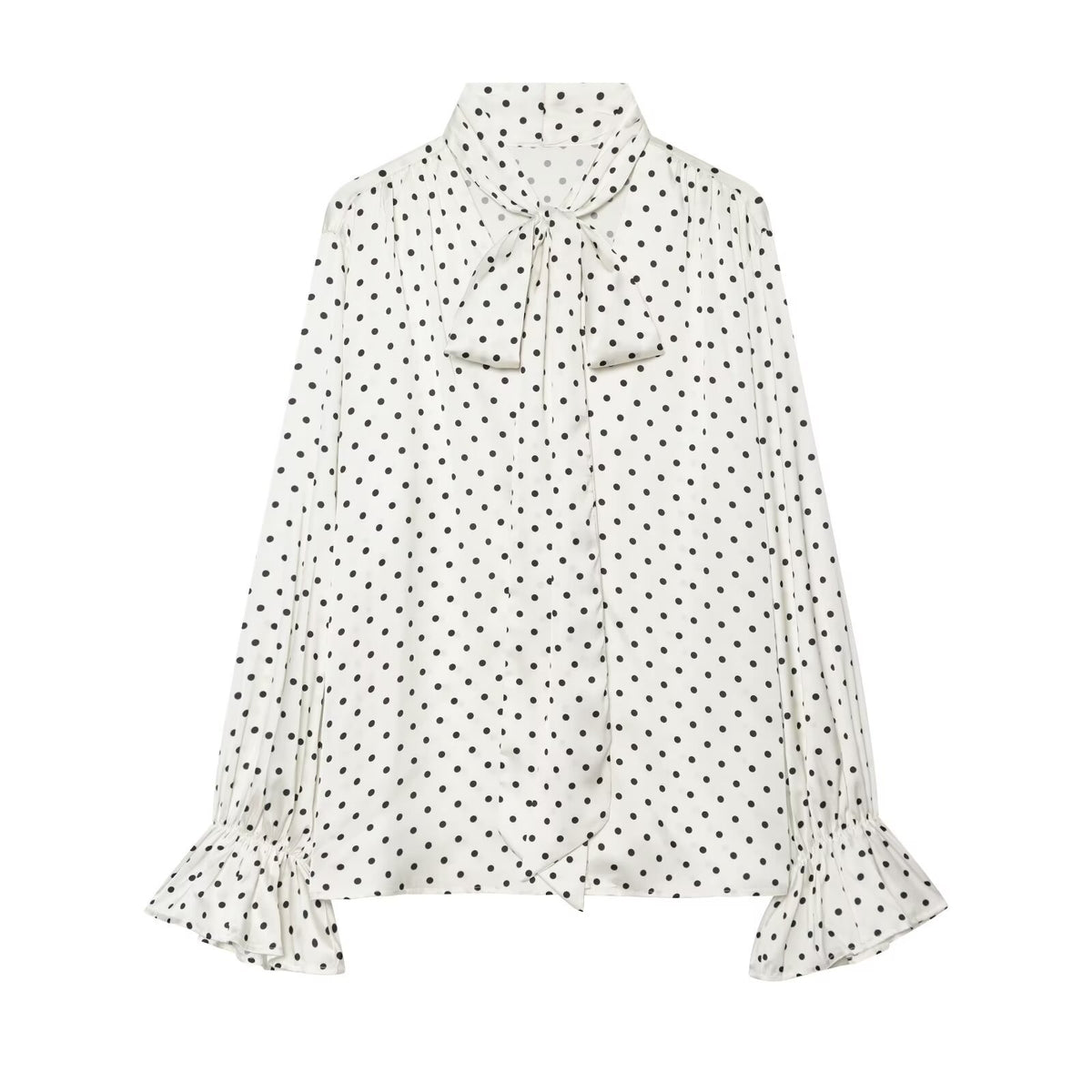 Women's blouse with bow collar, polka dot pattern and flounce sleeves EVA-US