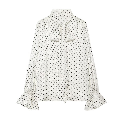 Women's blouse with bow collar, polka dot pattern and flounce sleeves EVA-US