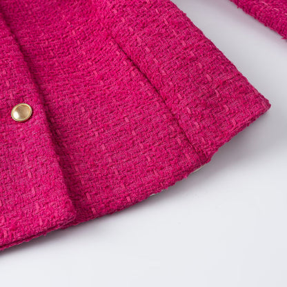 Women's Short Boucle Jacket with Waist Belt, Breast Flaps and Golden Decorative Buttons EVA-US