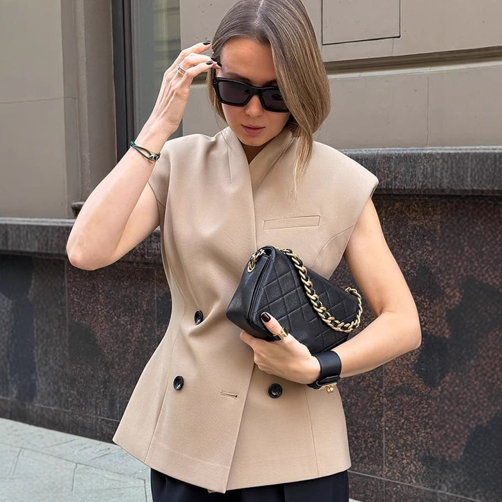 Women Sleeveless Tailored Blazer Vest with Double Button Placket & Structured Shoulder Area EVA-US