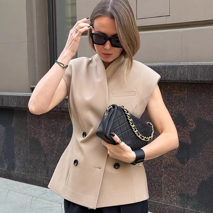 Women Sleeveless Tailored Blazer Vest with Double Button Placket & Structured Shoulder Area EVA-US