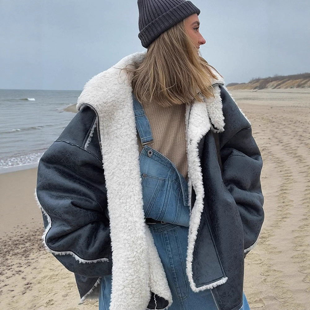 Women's Oversized Pilot Jacket in Vintage Look with Sherpa Lining and Contrast Trimmings EVA-US