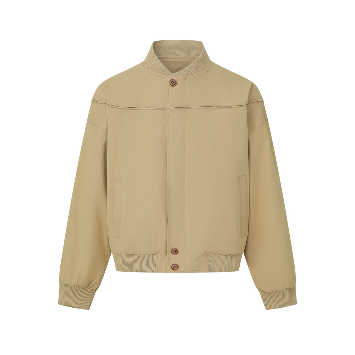 Unisex Short Cut Boxy Blouson with High Ribbed Collar, Concealed Button Placket and Elastic Waistband EVA-US