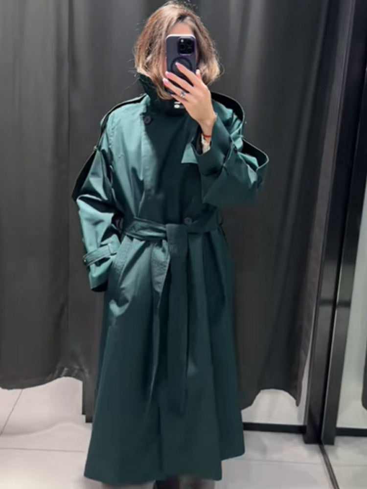 Women Long Water-Repellent Trench Coat with Waist Belt and High Stand Collar EVA-US