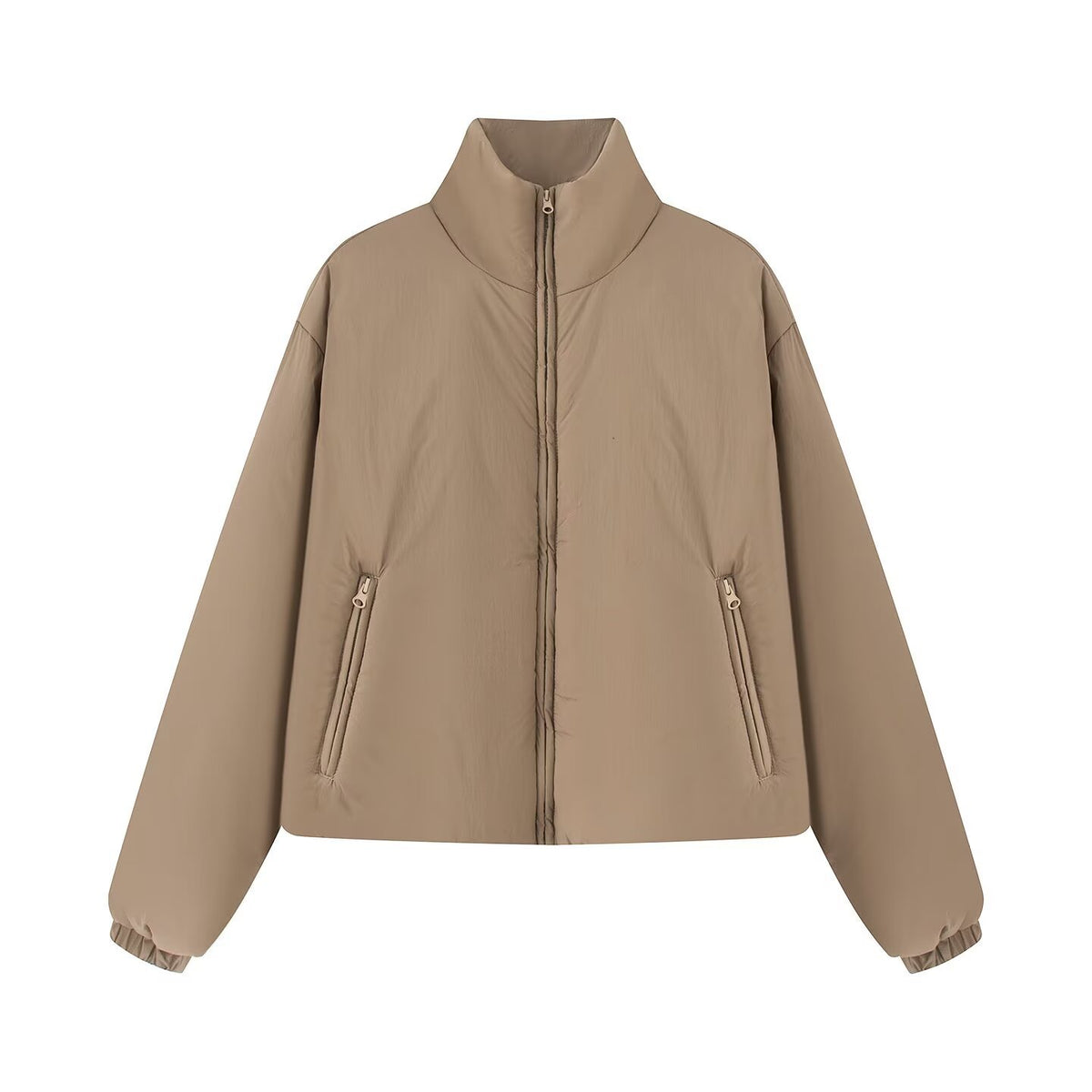 Women's Short Quilted Jacket with High Stand-Up Collar and Zipper Pockets EVA-US