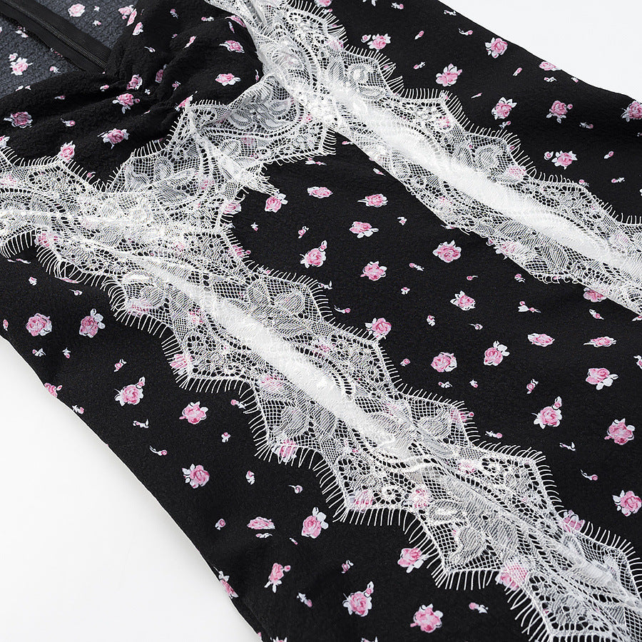 Ladies max dress with lace insert, long sleeves and floral all-over print EVA-US