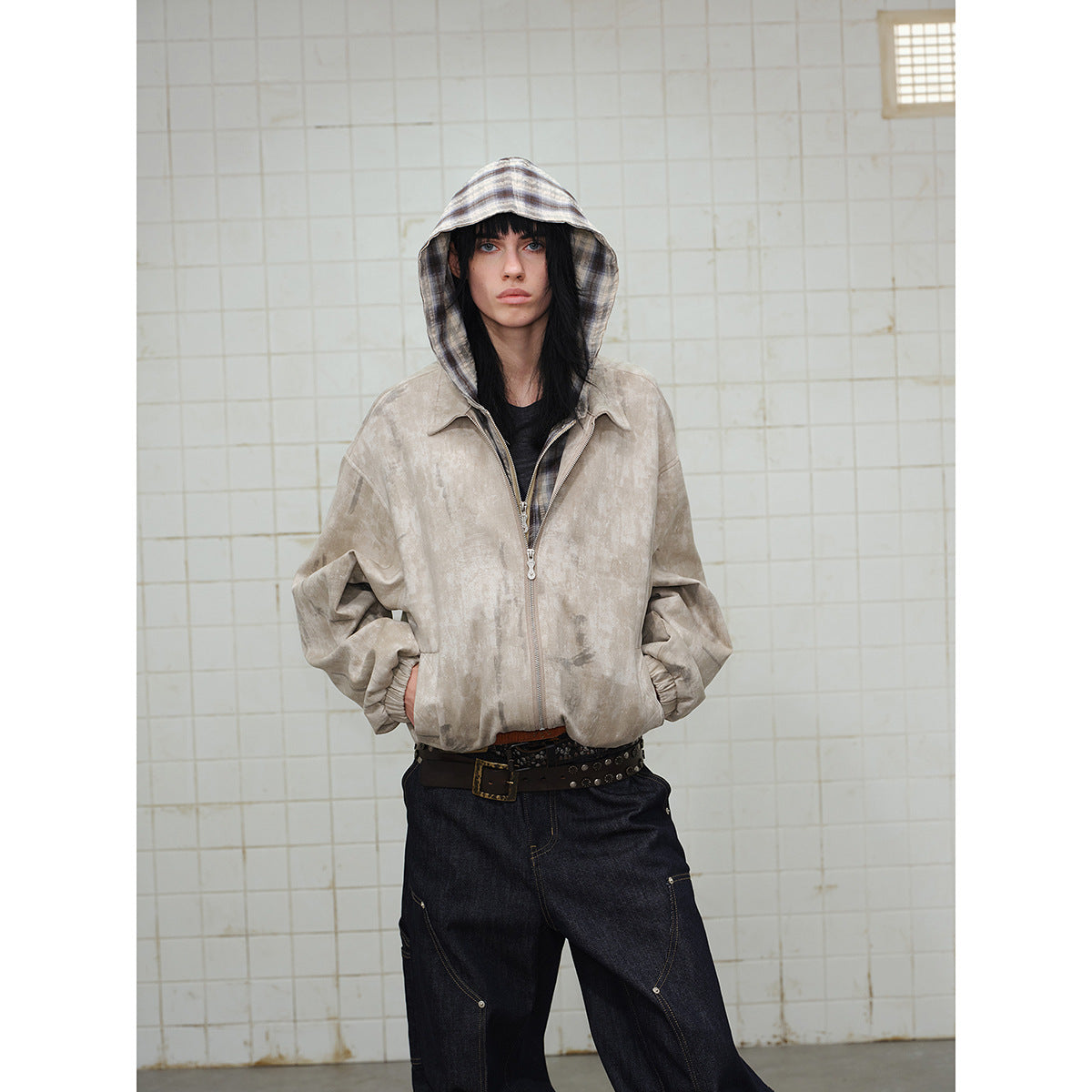 Unisex Short Cut Boxy Jacket in Suede Look with Checked Lined Hood EVA-US