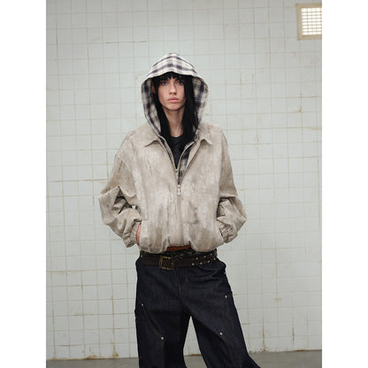 Unisex Short Cut Boxy Jacket in Suede Look with Checked Lined Hood EVA-US
