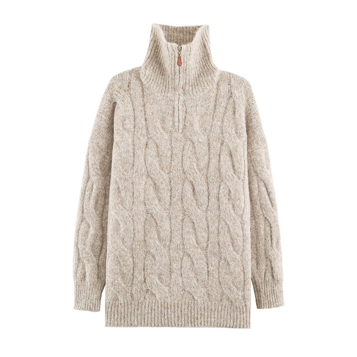 Women's Chunky Knit Long Sweater with Cable Pattern and Half-High Zip Collar EVA-US