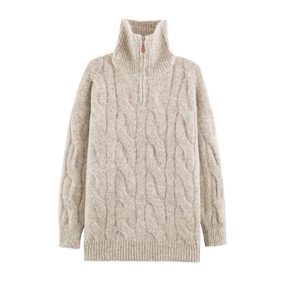 Women's Chunky Knit Long Sweater with Cable Pattern and Half-High Zip Collar EVA-US